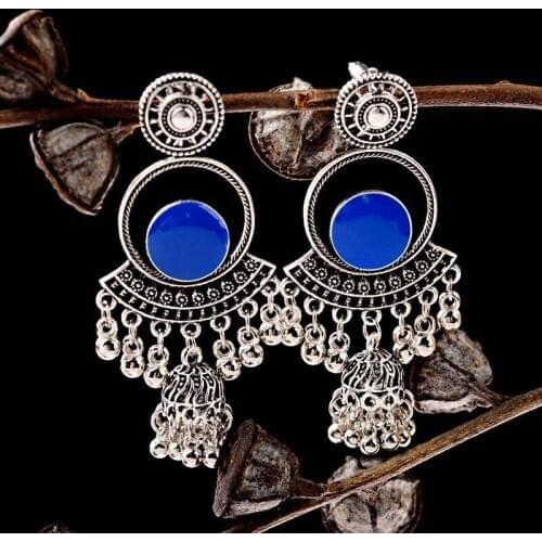 Retro Bollywood Silver Color Blue Turkish Bells Indian Jhumka Earrings Afghan Womens Vintage Turkey Beads Tassel Earrings