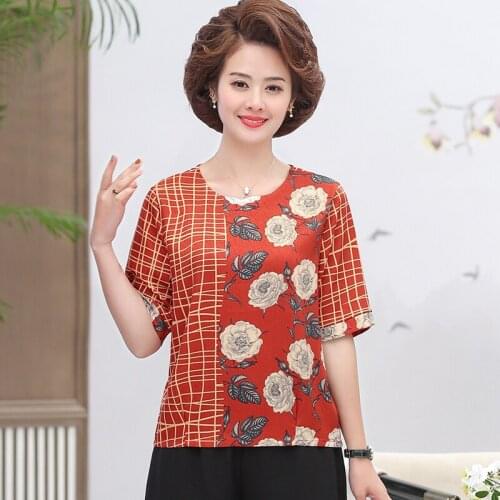 Women T Shirt 2021 Plus Size tshirt 4XL 5XL Print Short Sleeve Milk Silk T-Shirt Fashion Middle Age Mother Clothing Vestidos