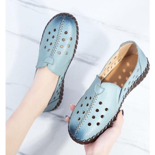 OUKAHUI 2020 Summer Genuine Leather Vintage Loafers Shoes Women Lazy Slip-On Handmade Leather Breathable Hollow Soft Shoes Woman
