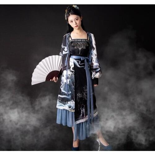 New Chinese Traditional Clothing Hanfu Festival Streetwear Dress Printed Elegant Folk Dance Costume Fashion Top Skirt Set 12504
