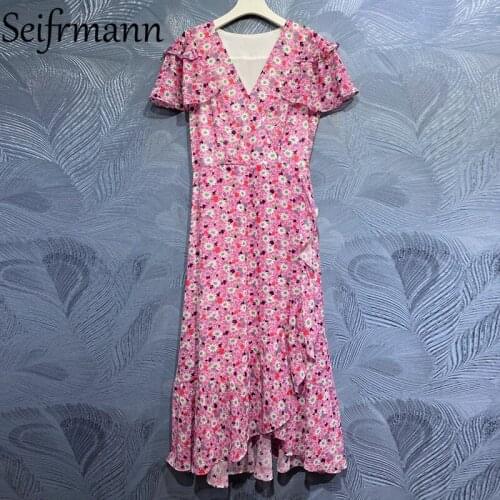 Seifrmann New 2021 Summer Women Fashion Runway Party Long Dress Short Sleeve Ruffles Bow Sashes Patchwork Floral Print Dresses