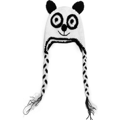 Cute cartoon black and white panda infant baby boys girls crochet handmade knitted hat with ear flap cap 1 pcs