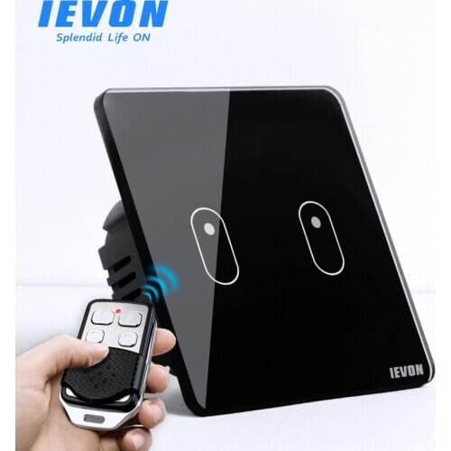 2 Gang Remote Control Light Switch, Black Glass Wireless Remote Control Switch, EU Wall Light Switch Touch Remote Control Switch