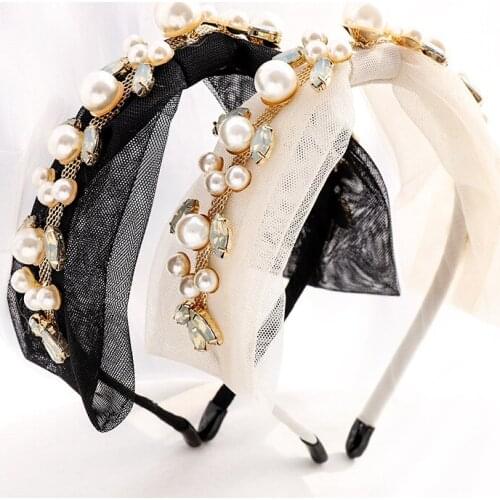 2021 Vintage Mesh Lace Pearl Rhinestone Bezel Hairband Women Headband Girls Hair Accessories Opaska Do Wlosow Opaski Diademas