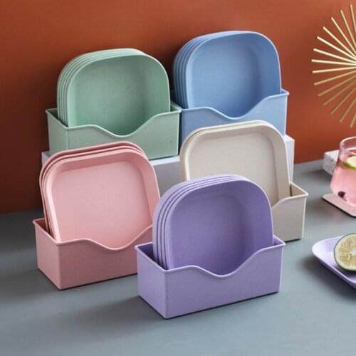 7Pcs Square Wheat Straw Plates Salad Bowl Reusable Food Serving Dishes with Rack