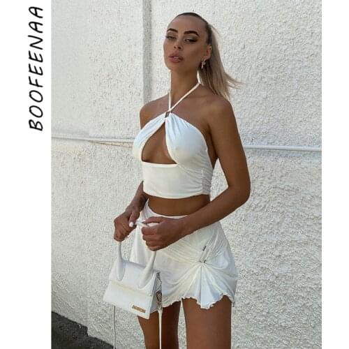 BOOFEENAA Sexy Cute 2 Piece Short Sets for Women Summer 2021 Nightclub Outfit Hollow Out Halter Crop Top and Mini Skirt C85-CZ14