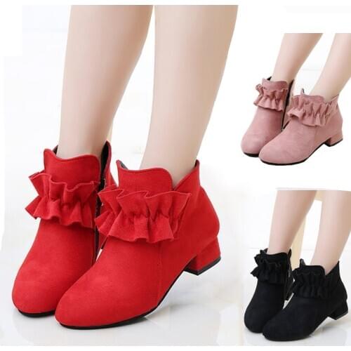 Flower Children Girls Winter High-Heeled Snow Boots For Kids Red Ankle Princess Boots Leather Shoes 5 6 7 8 9 10 11 12 Years old