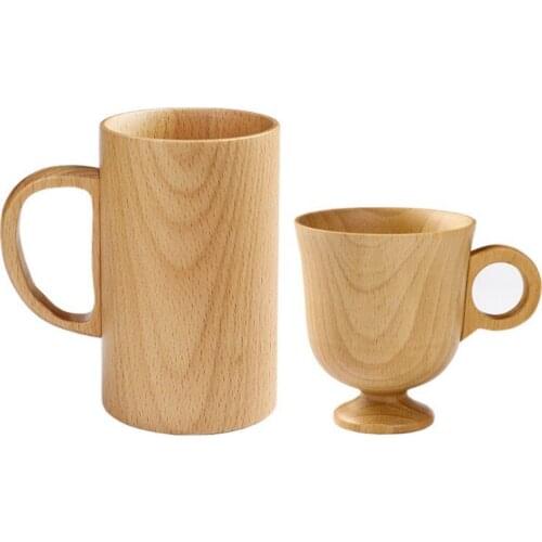 Beech Wooden Beer Cup Retro Goblet Tea Tea Coffee Milk Water Classic Wood Drinking Mug with Handle Mug Kitchen Office Supplies