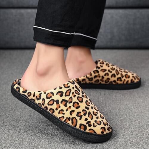 ZEEKSON Winter Cotton Slippers Mens Leisure Indoor Non-slip Flip-flops Thickening Dormitory Couples Leopard-print Cotton Shoes