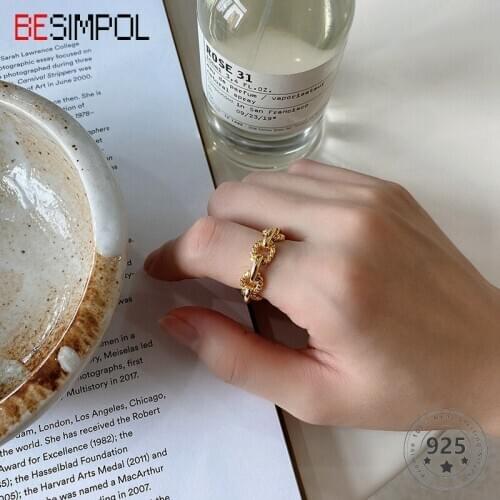 Besimpol Real 925 Sterling Silver Ring Women Casual Gold Line Twist Circle Adjustable Ring for Women Fashion Fine Jewelry Gifts