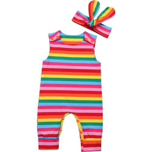 2pcs Newborn Toddler Baby Girls Bodysuit Jumpsuit Rainbow Stripe Print Clothes Baby Girl Clothes O-neck Fashion Sleeveless