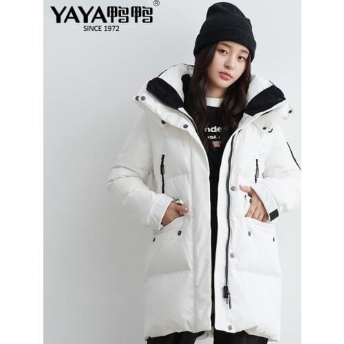 YAYA Women Winter Black White Long Down Coat Hooded Thick Warm Winter Down Jacket