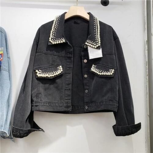 Korean Beading Long Sleeve Short Denim Jacket Coat Women Student Outerwear Autumn Loose Vintage Black Blue Jeans Jackets Female