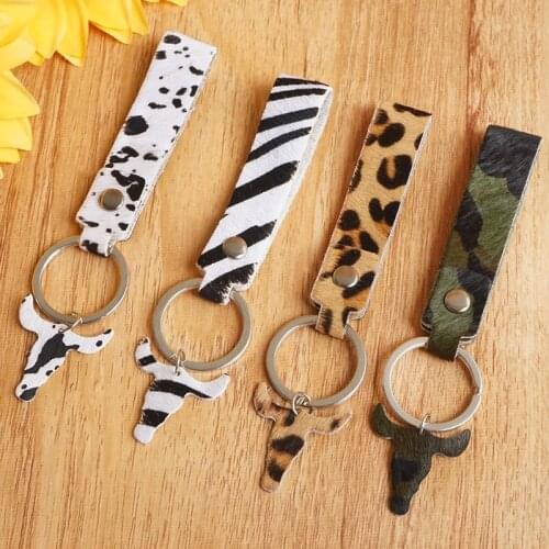 Leopard Genuine Leather Handle Keychains Oxhead Charms Key Ring