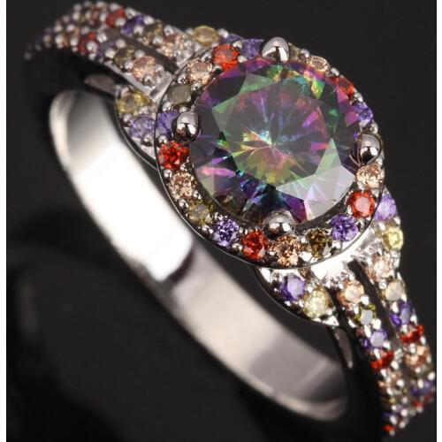 Mystic Rainbow Jewelry Multicolor Morganite Party Jewelrys Silver Plated Argent Ring Size 6 / 7 / 8 / 9 S0796