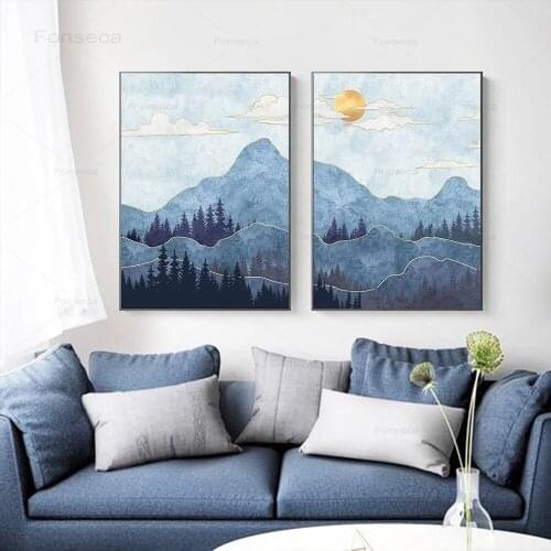 Sun Mountain Forest Posters and Prints Abstract Landscape Wall Art Canvas Painting Nordic Blue Wall Pictures Home Decoration