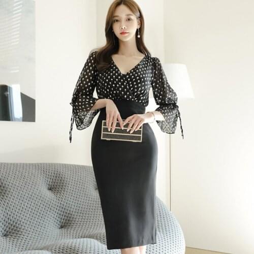 New arrival fashion women patchwork v-neck formal dress elegant temperament spring and autumn sexy slim midi cute pencil dress