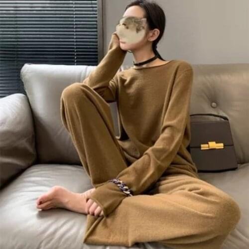 Autumn Womens Casual Loose Knit Set Two-Piece Set Solid Long Sleeve Pullover Sweater Wide Leg Pants Fashion Female Outfit