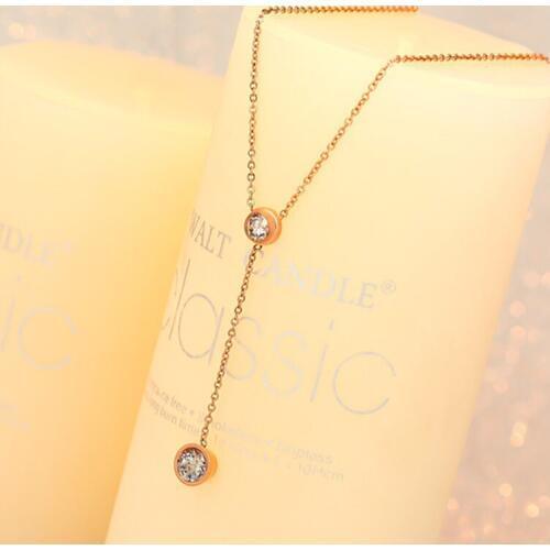 18KGP Rose Gold Color Titanium Steel Two CZ Zircon Pendant Necklace Fashion 316L Stainless Steel Jewelry for Women (GN207)