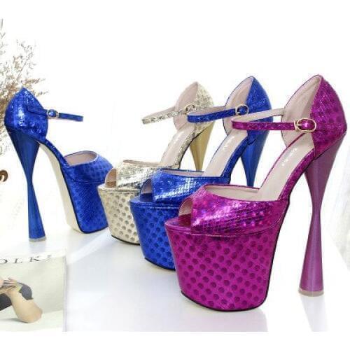 Hot spring womens sandals super high heel fish mouth 19cm stripe splicing sexy wedding shoes nightclub pole dance womens shoes