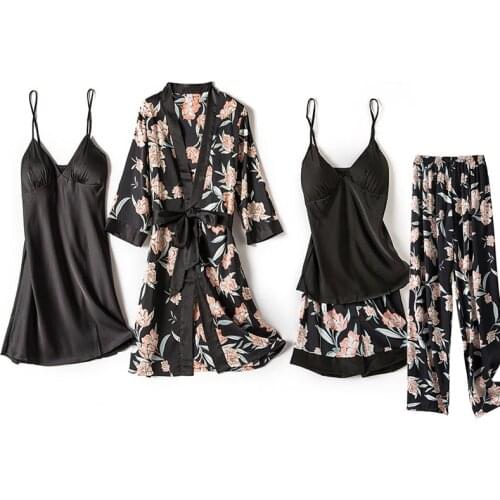 Sexy V-Neck Silk Pajamas for Women Floral Satin Pajama Set Summer 2020 Pyjamas Women Satin Sleepwear Lingerie Pijama Mujer