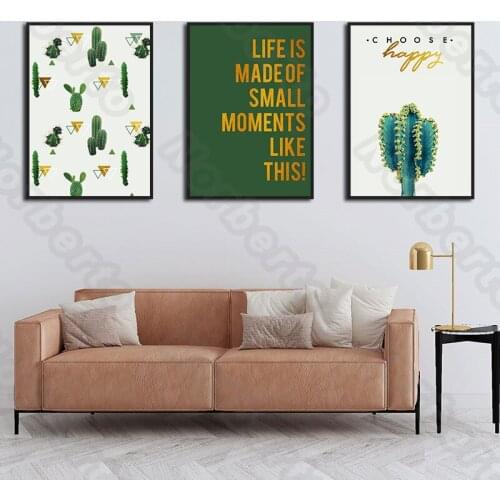 Modern Fashion Style Canvas Painting Wall Deep Green Plants Yellow Golden Lettersfor Living Room Bedroom Restaurant Decoration