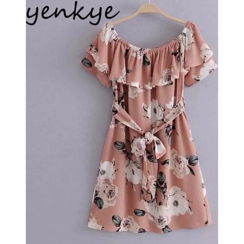 YENKYE Vintage Floral Print Sexy Off Shoulder Dress Women Short Sleeve Sashes Casual Holiday Summer Dress Plus Size Vestido