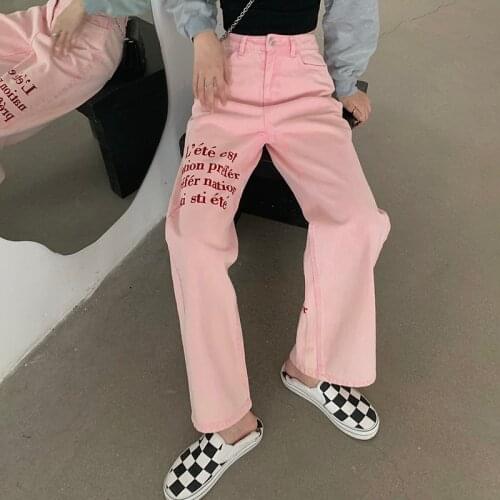 Womens Jeans Letter Embroidery Streetwear High Waist Wide Leg Denim Trouser Pink Baggy Fashion Straight Pants 2021 New
