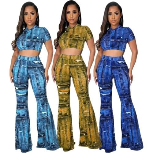 Women Summer Suit Set 2 Pieces Fashion Casual Short Sleeve Printed Flare Crop Top and Pants Women Two Piece Set