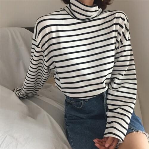 Korean Style Long Sleeve Female Spring Autumn Version Pullovers Thickened High-collar Bottom Shirt Stripe T Shirt Women Casual