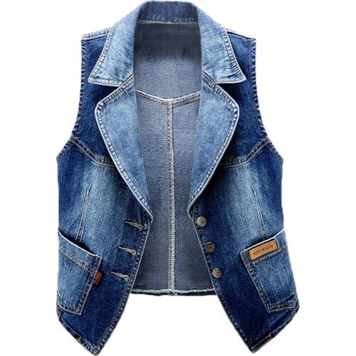 Womens Spring Autumn Sleeveless Vintage Blue Denim Vest Female Winter Plus Size Slim Short Waistcoat 2XL TB303