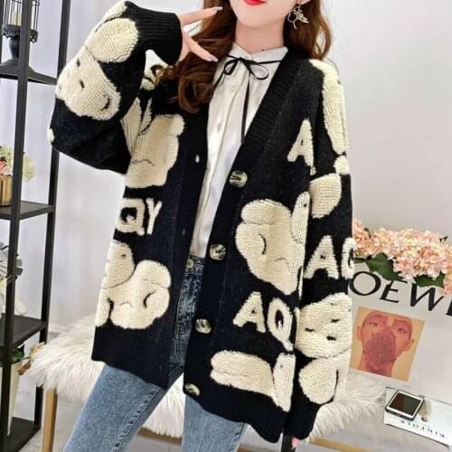 One-Piece Spring And Autumn WomenS Cardigan Jacket Cartoon Printing Loose Sweater Jacket V-Neck Letter Printing Knitted Cardiga
