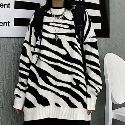 Harajuku Full-Sleeve Zebra-Print Knitted Pullover Retro Streetwear Chic Oversized Sueter Mujer 2021 New Knitted Sweater