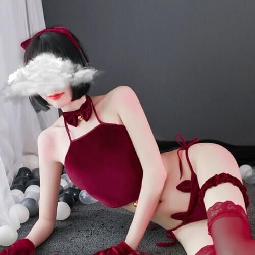 Women Erotic Anime Cat Uniform Lingerie Sexy Halter Camis Top G-String Bowtie Headband Gloves Japanese Cosplay Underwear Velvet