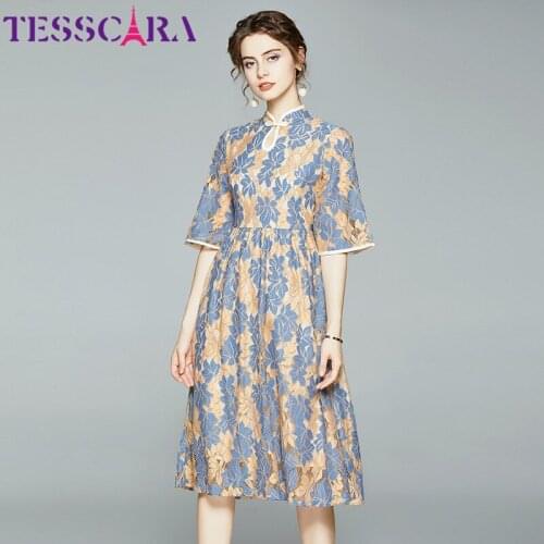 TESSCARA Women Elegant Lace Dress Festa High Quality Wedding Cocktail Party Robe Femme Chinese Style Designer A-Line Vestidos