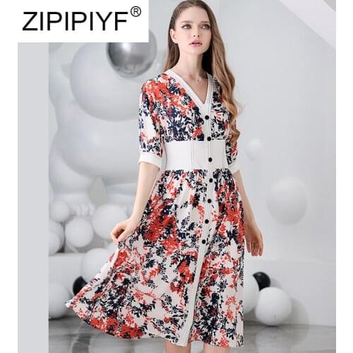 V-neck 3/4 Sleeves Floral Dress 2020 Spring Women New High Waist Summer Chiffon Dress Elegant female Casual Wear C107