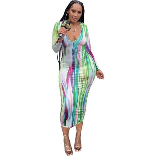 Autumn 2021 Womens Fashion Tie Dye Printing V-neck Long Sleeve Mid-calf Party Dresses
