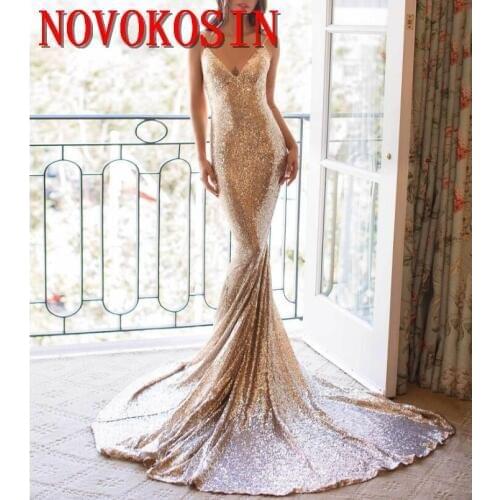 2019 Evening Dresses Spaghetti Gold Sequined Sweep Train Sexy Backless Mermaid Prom Dress Formal Party Gowns Robes De Soiree