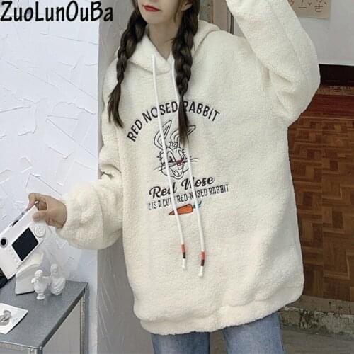 ZuoLunOuBa Winter Womens Sweatshirt Rabbit Carrot Embroidered Letter Pullover Long Sleeve Fleece Hoodie White Coat