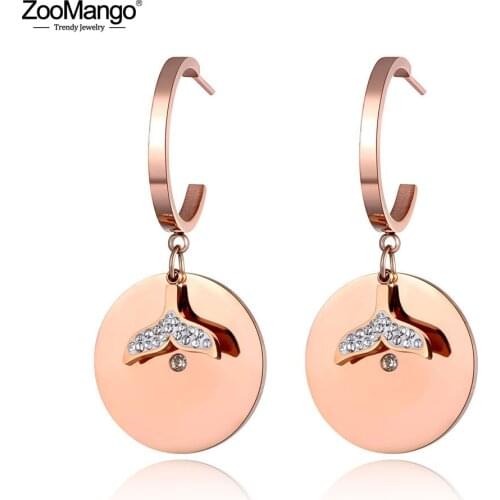 ZooMango Titanium Stainless Steel Drilling Disc Earrings Bohemia Rhinestone Fish Tail Creative Jewelry For Women Girls ZE19103