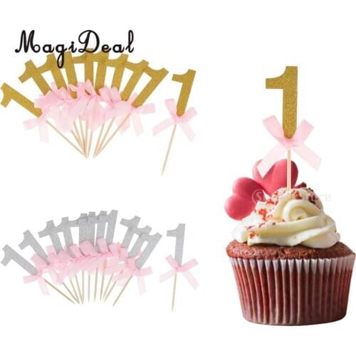 24/set Glitter Gold Silver Number One Cake Cupcake Topper Pick Kid 1st Birthday Party Decor