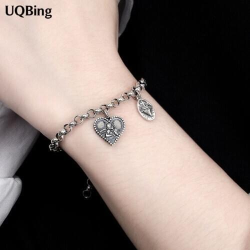 925 Sterling Silver Vintage Heart Shape Angle Cross Charm Bracelets For Women Party Gifts