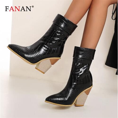 FANAN 2020 Cowboy Boots Snake Print Ankle Boots for Women Black Red Wedge High Heel Shoes Womens Autumn Winter Western Boots