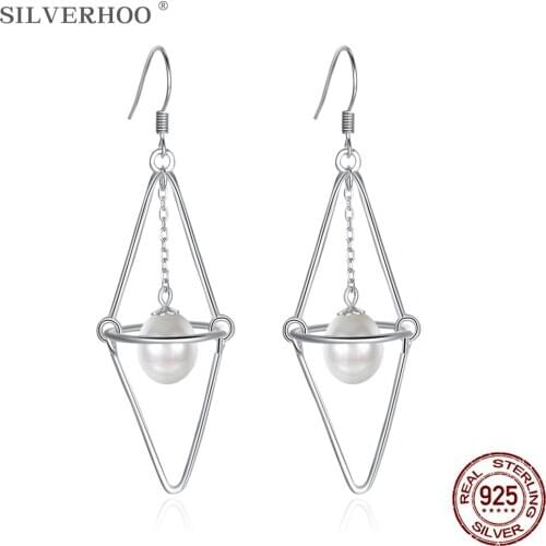 SILVERHOO Sterling Silver 925 Jewelry Shell Pearl Earrings Women Simple Geometry Lantern Design Drop Earring Elegant Female Gift