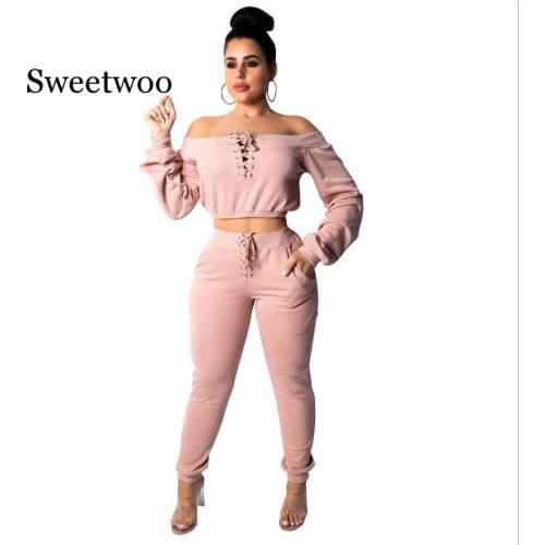 Lace Up Bandage Off Shoulder Long Sleeve Top and Pant Suit Sexy Club Outfits 2 Pieces Matching Sets Tracksuit Spring Wear