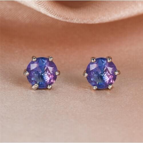 Six Prong Small Round Blue Purple Zircon Stud Earrings For Women Wedding Jewelry Retro Fashion Rainbow Stone Minimalist Earrings
