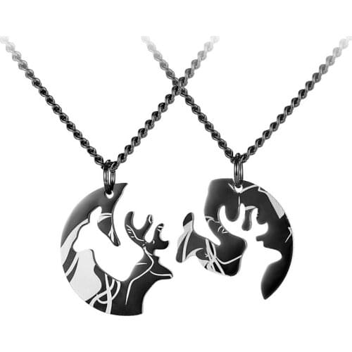 Stainless Steel Animal Engrave Elk Black Jigsaw Puzzle Pendant Necklace Lovers Jewelry Gift For Him with Chain