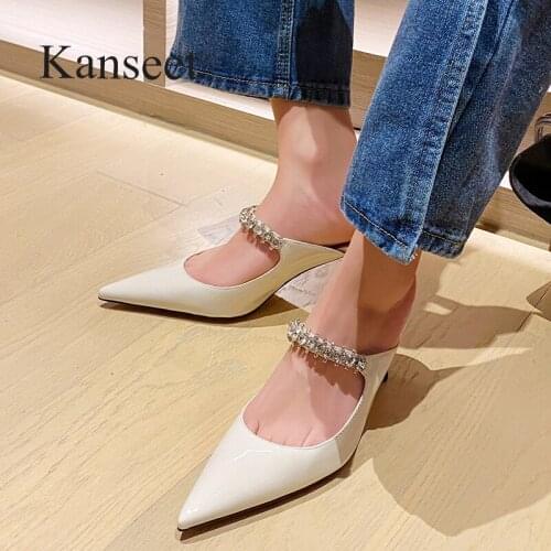 Kanseet 2021 New Arrival Summer Woman‘s Slippers Crystal Decoration Genuine Leather Elegant Handmade Pointed Toe High Heel Shoes
