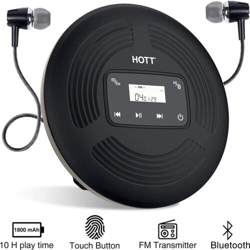 HOTT Rechargeable Bluetooth 5.0 Portable CD Player with FM Transmitter,Touch Button and Backlight Display Portable Music Player