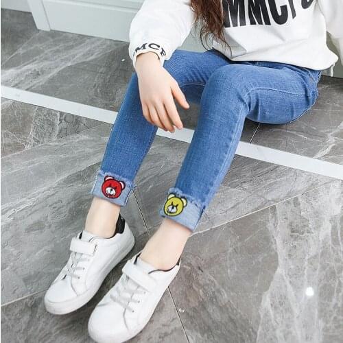 Girl casual jeans spring and autumn embroidery cartoon teen girl slim wild trousers 4-14 years old fashion girl feet jeans pants